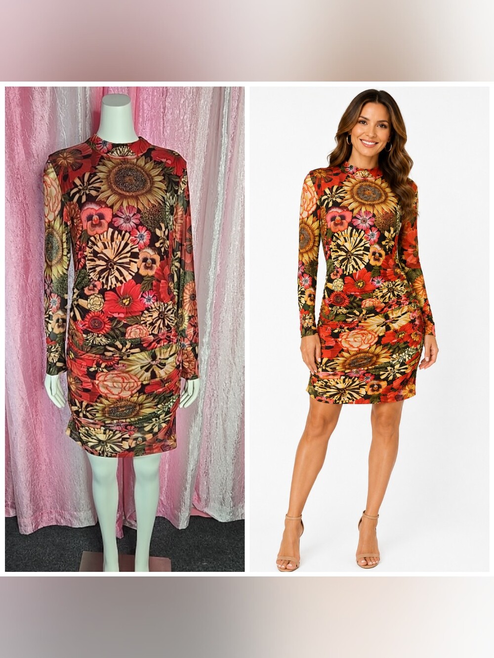 Farm Rio Neon Garden Floral Print Long Sleeve Bodycon Dress Size Large